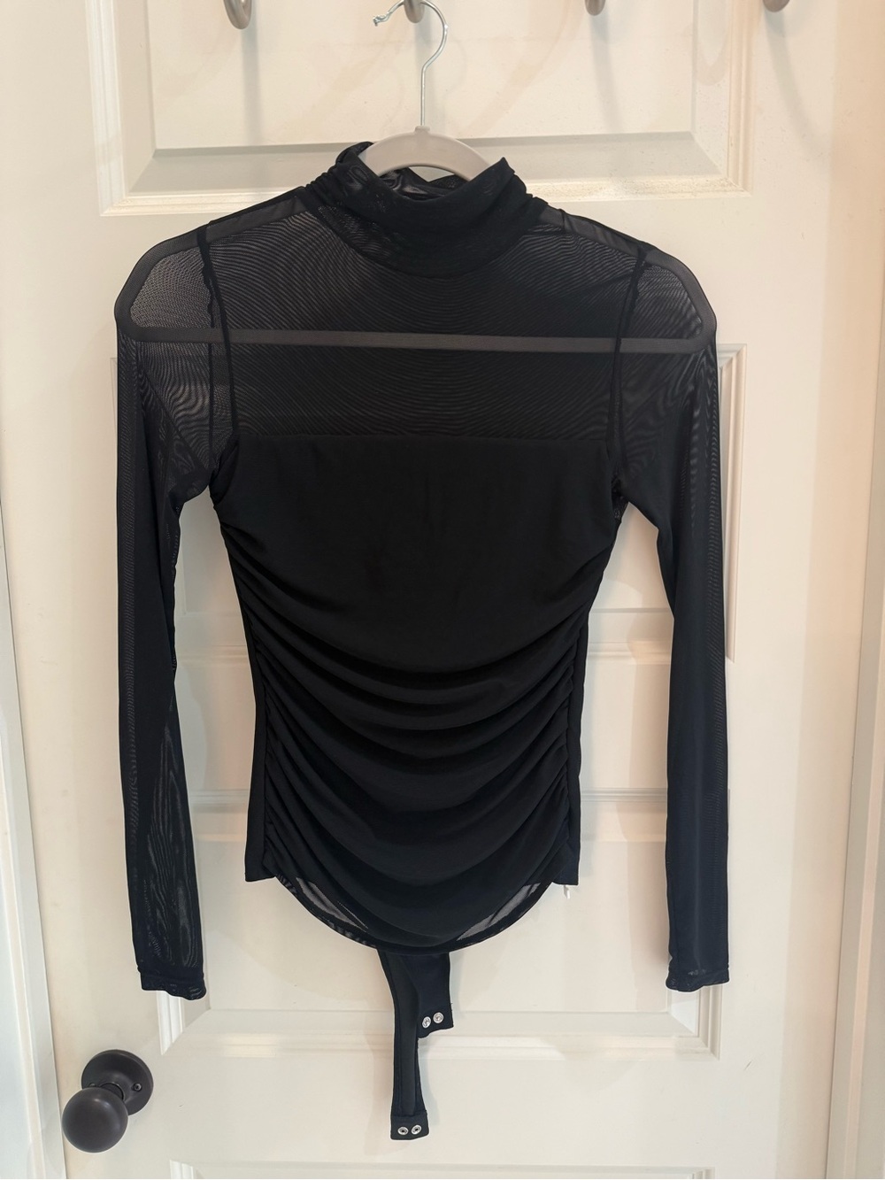 REORIA Women's Mock Neck Long Sleeve Ruched Mesh Sheer Bodysuit Black Small